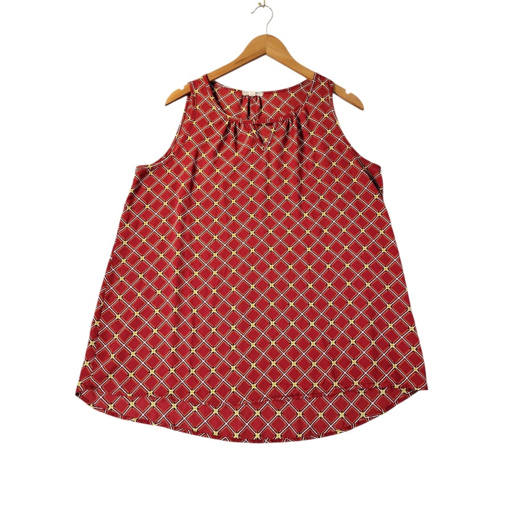 Pleione Womens Geometric Print Sleeveless Blouse M Red Diamond Made in USA